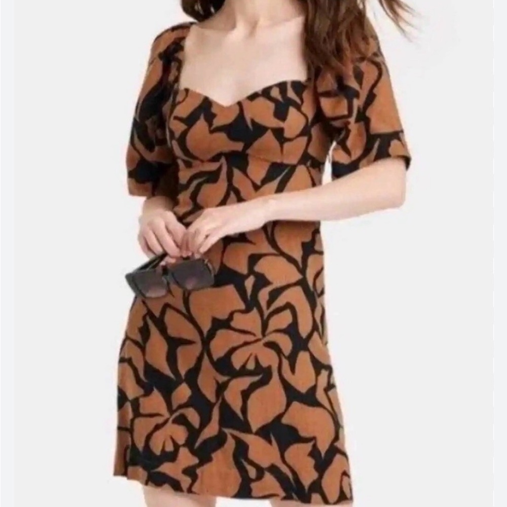 Sz Large Puff Sleeve Linen Blend Shift Dress brown & black a new day